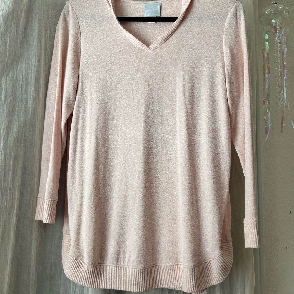 Light Rosy Pink V-Neck Hoodie Sweater-Loose Fit